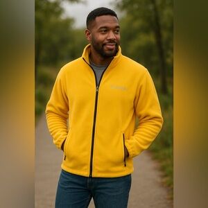 Columbia Yellow Black Fleece Full ZipperJacket Zip Pockets Bungee GUC L #2378